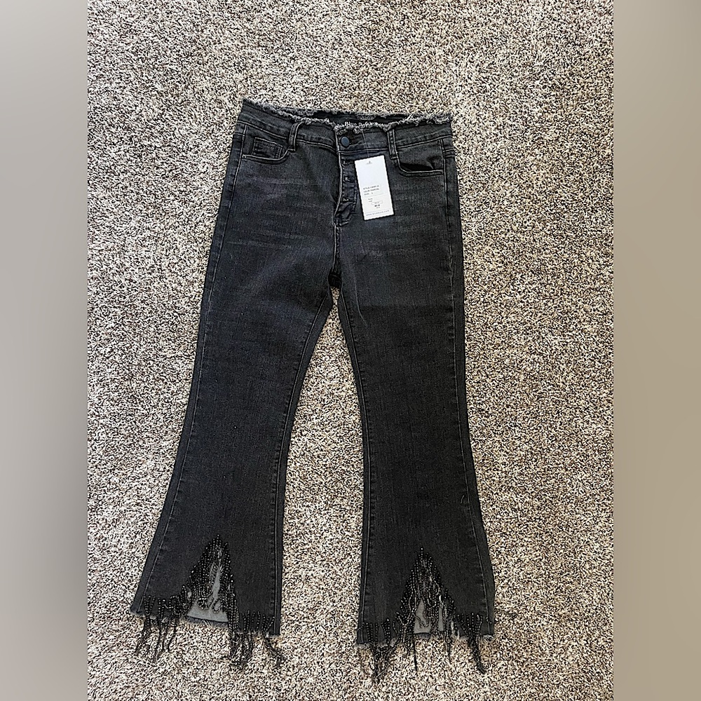 Blue B Collection Charcoal- Black Sparkle Fringe Jeans